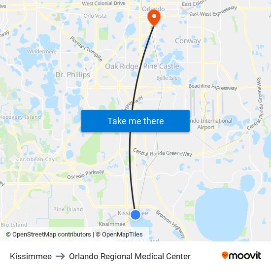 Kissimmee to Orlando Regional Medical Center map