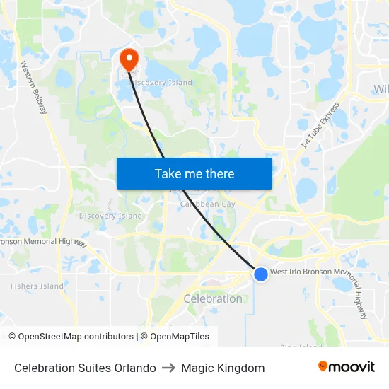Celebration Suites Orlando to Magic Kingdom map