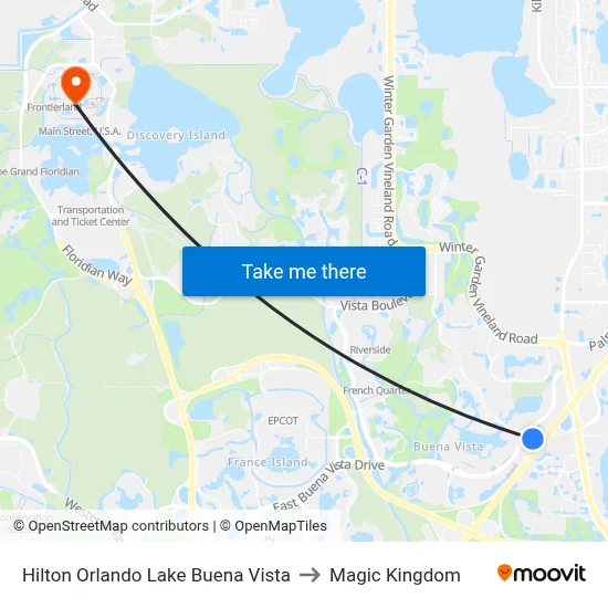Hilton Orlando Lake Buena Vista to Magic Kingdom map