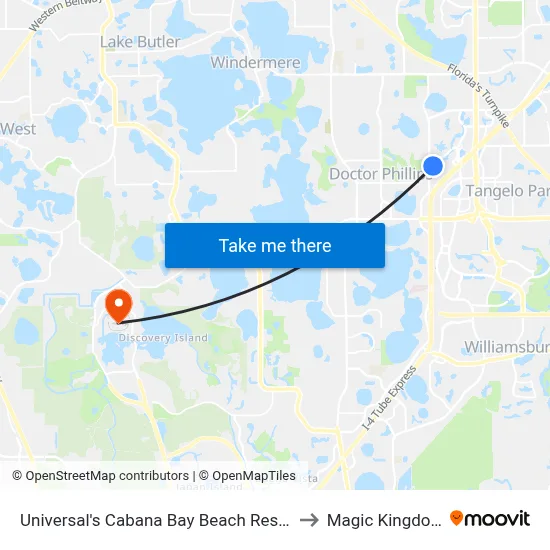 Universal's Cabana Bay Beach Resort to Magic Kingdom map