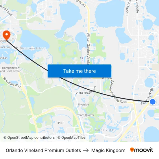 Orlando Vineland Premium Outlets to Magic Kingdom map