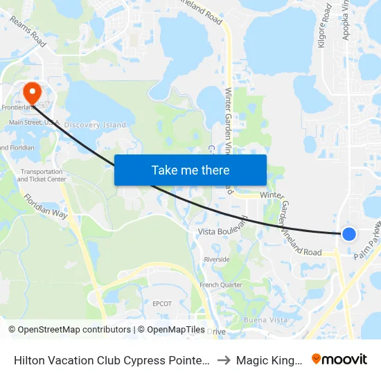 Hilton Vacation Club Cypress Pointe Orlando to Magic Kingdom map