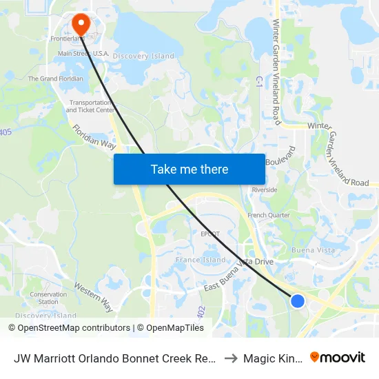 JW Marriott Orlando Bonnet Creek Resort &amp; Spa to Magic Kingdom map
