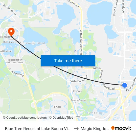 Blue Tree Resort at Lake Buena Vista to Magic Kingdom map