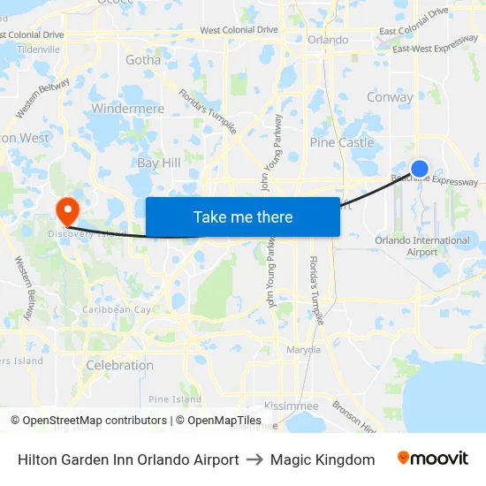 Hilton Garden Inn Orlando Airport to Magic Kingdom map