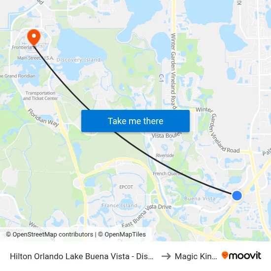 Hilton Orlando Lake Buena Vista - Disney Springs Area to Magic Kingdom map