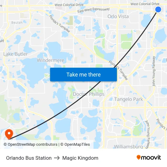 Orlando Bus Station to Magic Kingdom map
