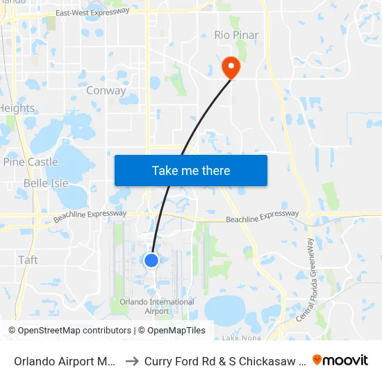 Orlando Airport MCO to Curry Ford Rd & S Chickasaw Trl map