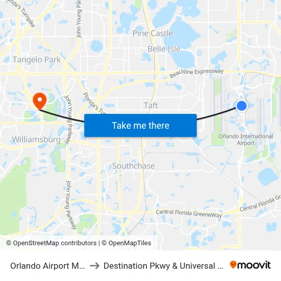 Orlando Airport MCO to Destination Pkwy & Universal Blvd map