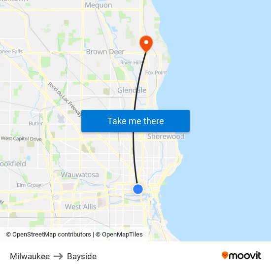 Milwaukee to Bayside map