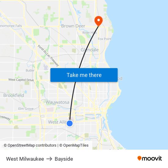 West Milwaukee to Bayside map
