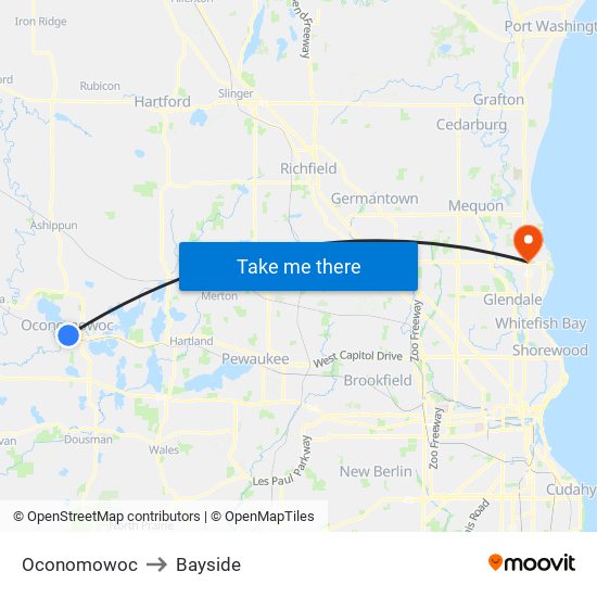 Oconomowoc to Bayside map