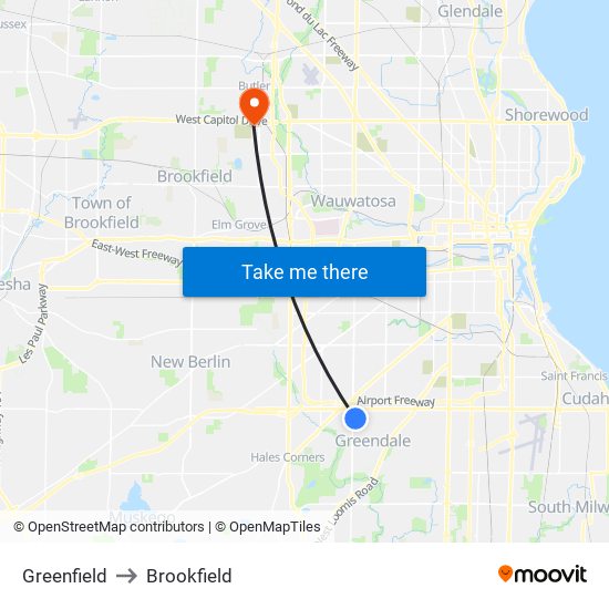 Greenfield to Brookfield map