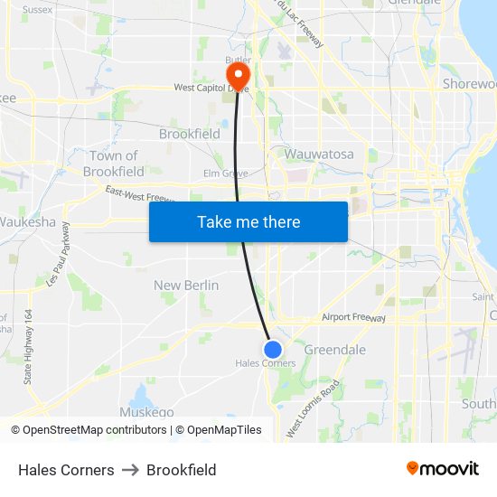 Hales Corners to Brookfield map