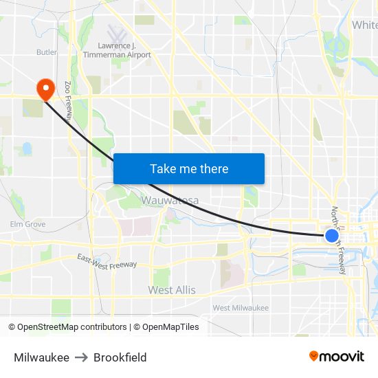 Milwaukee to Brookfield map