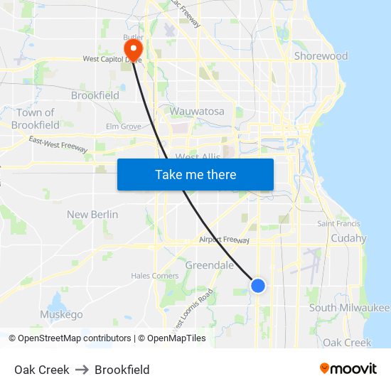 Oak Creek to Brookfield map