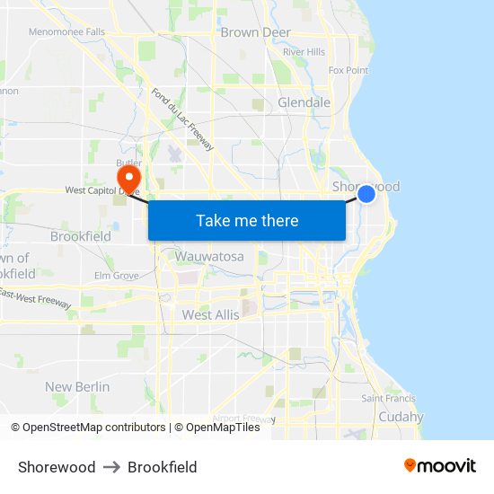 Shorewood to Brookfield map