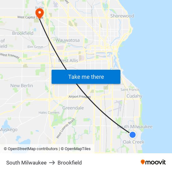 South Milwaukee to Brookfield map