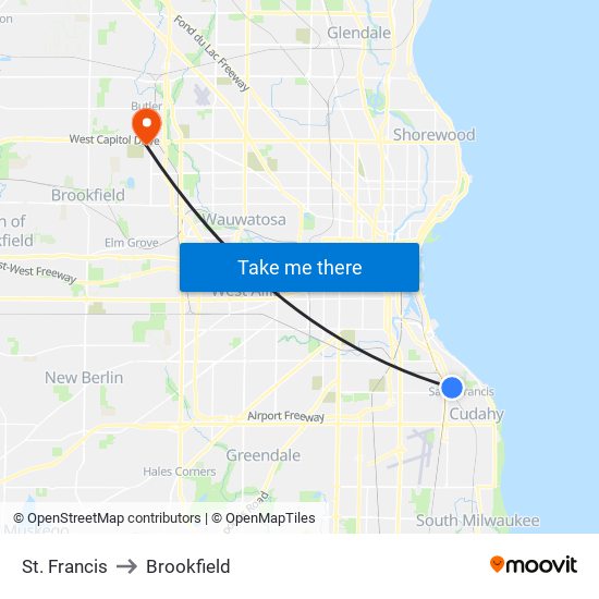 St. Francis to Brookfield map