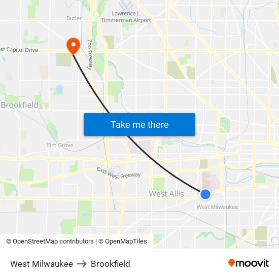 West Milwaukee to Brookfield map