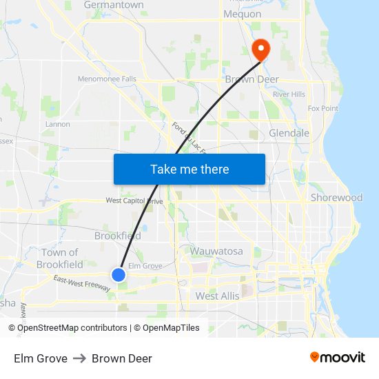 Elm Grove to Brown Deer map