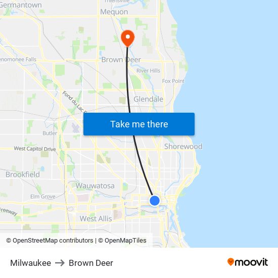 Milwaukee to Brown Deer map