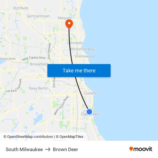 South Milwaukee to Brown Deer map