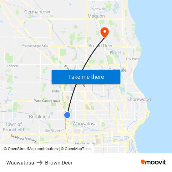 Wauwatosa to Brown Deer map