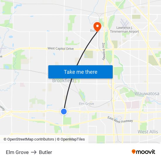 Elm Grove to Butler map