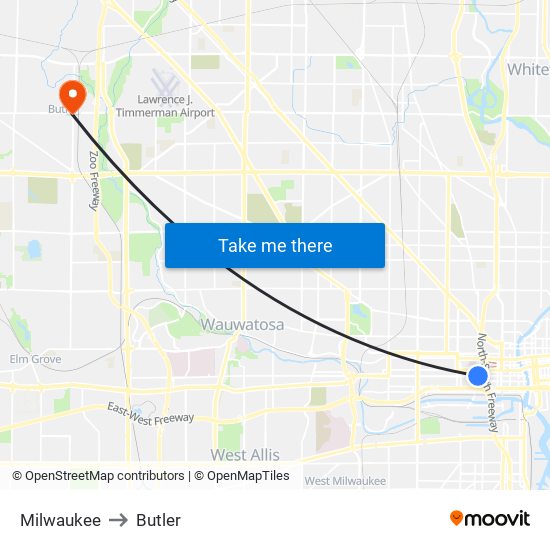 Milwaukee to Butler map