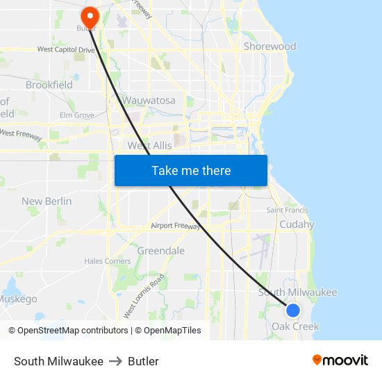 South Milwaukee to Butler map