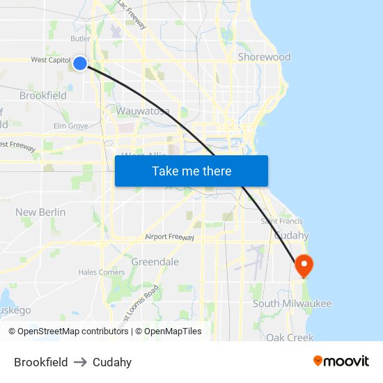 Brookfield to Cudahy map