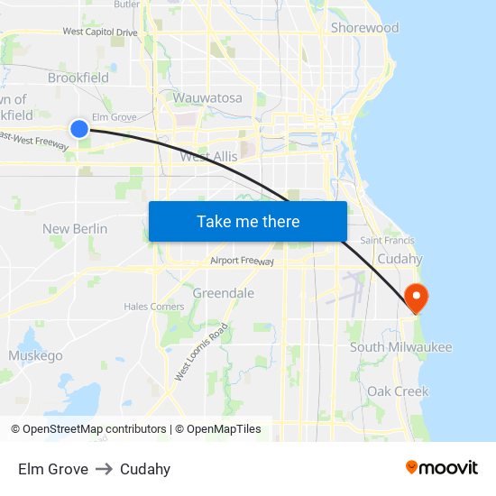 Elm Grove to Cudahy map