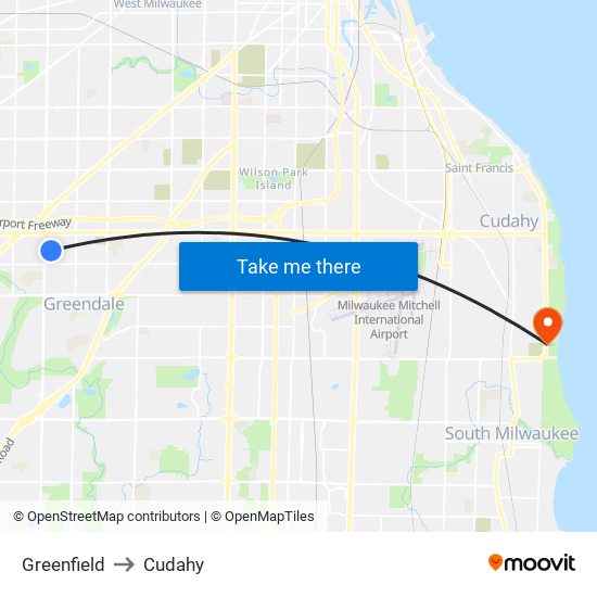 Greenfield to Cudahy map