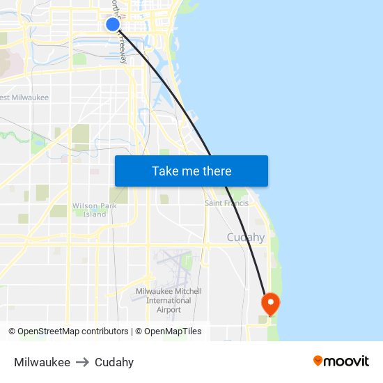 Milwaukee to Cudahy map