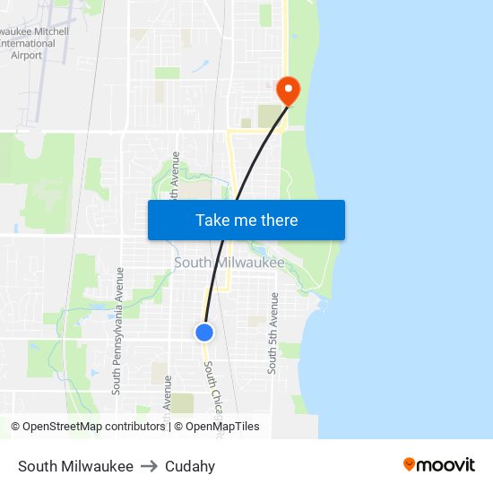 South Milwaukee to Cudahy map