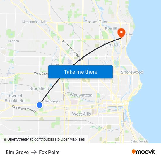 Elm Grove to Fox Point map