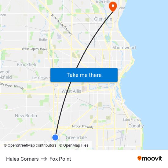 Hales Corners to Fox Point map