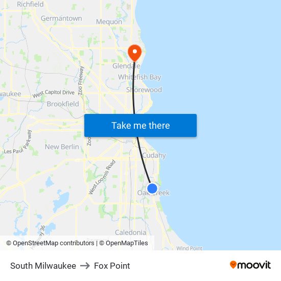 South Milwaukee to Fox Point map