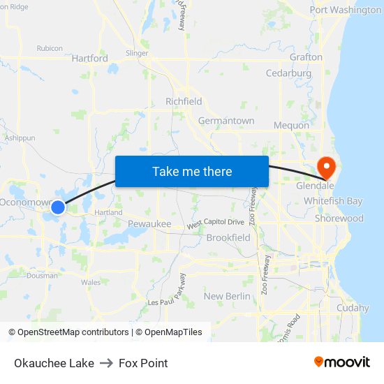 Okauchee Lake to Fox Point map