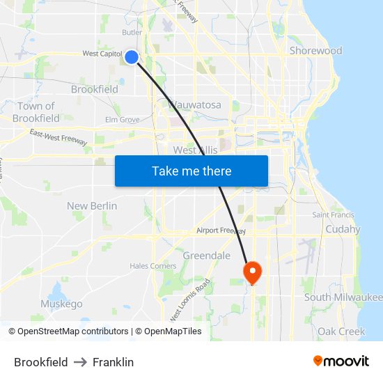 Brookfield to Franklin map