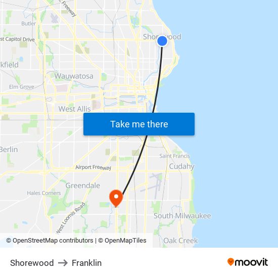 Shorewood to Franklin map