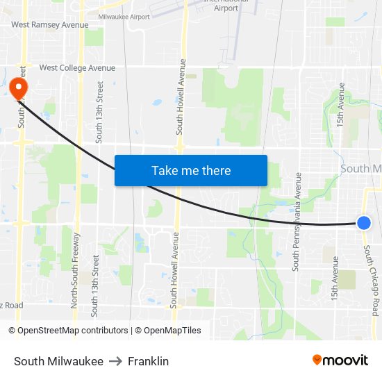 South Milwaukee to Franklin map