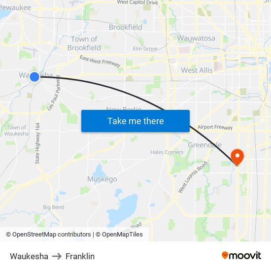 Waukesha to Franklin map