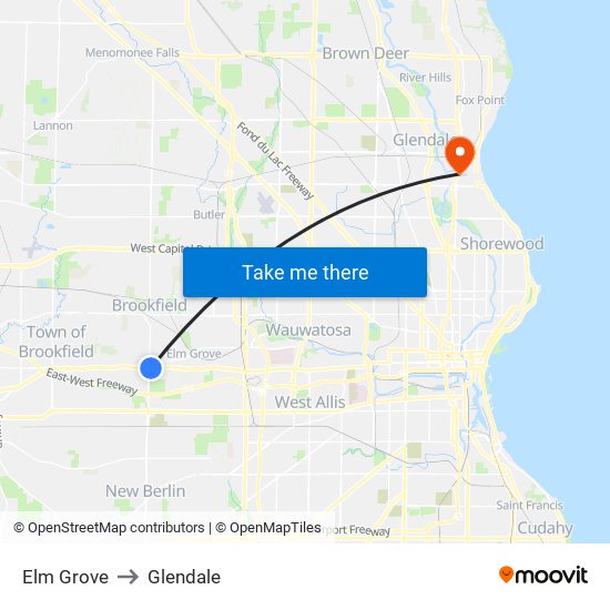 Elm Grove to Glendale map
