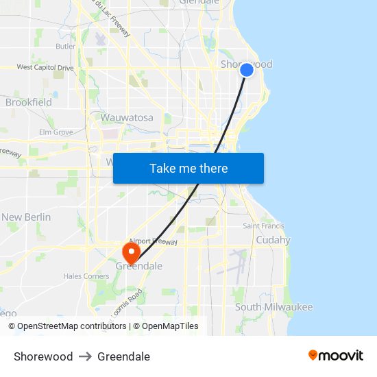 Shorewood to Greendale map