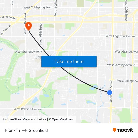 Franklin to Greenfield map