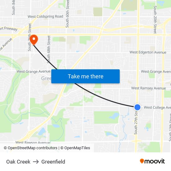 Oak Creek to Greenfield map