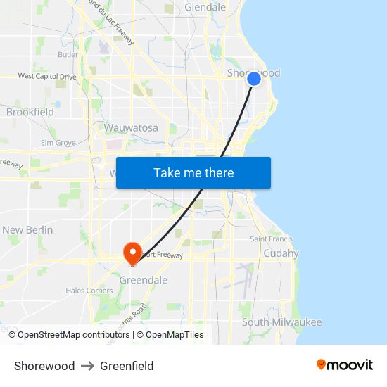 Shorewood to Greenfield map