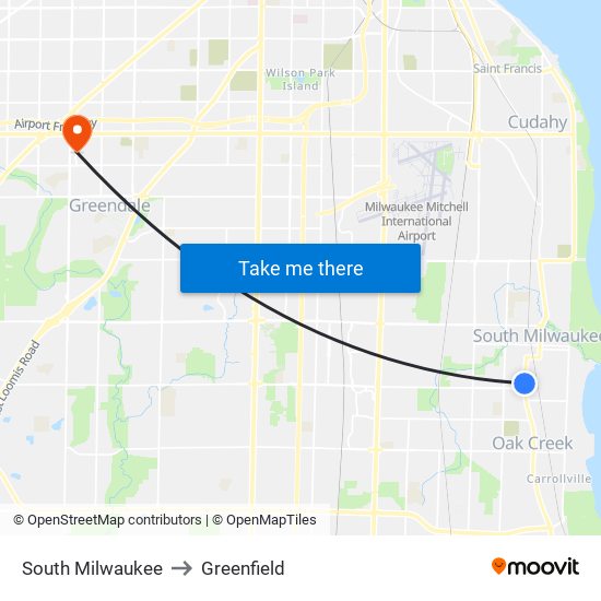 South Milwaukee to Greenfield map